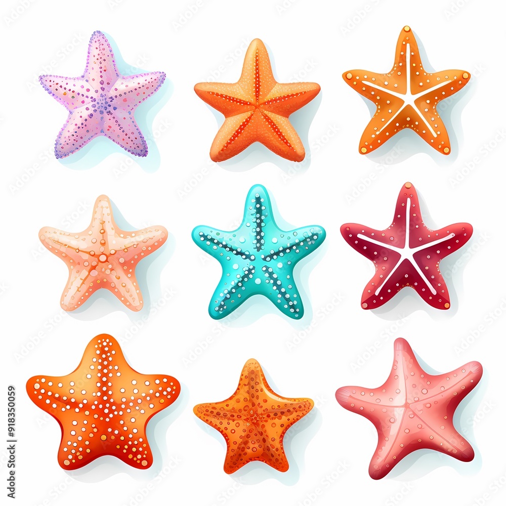 A vibrant collection of intricately designed starfish in diverse, vivid hues. A vibrant collection of intricately designed starfish in diverse, vivid hues.