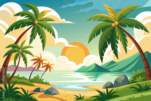 Tropical Beach Scene with Palm Trees and a Sunset