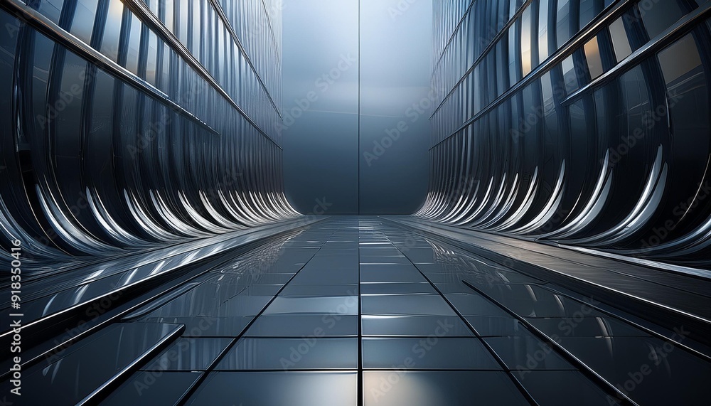 Fototapeta premium Generative AI illustration of abstract background of curved geometric wall and floor made of shiny dark glass