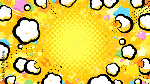 煙と星が広がるかわいい爆発の背景イラスト_16:9