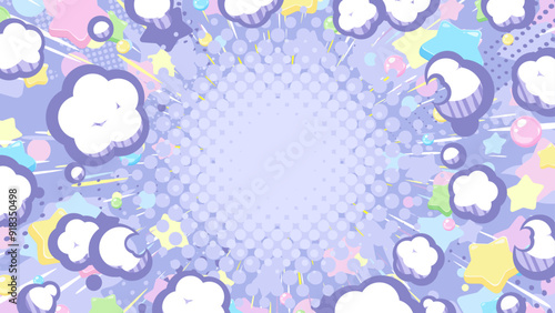 煙と星が広がるかわいい爆発の背景イラスト_16:9