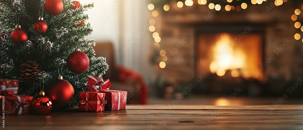 Christmas tree with red ornaments, presents, and a fireplace in the background Christmas tree with red ornaments, presents, and a fireplace in the background