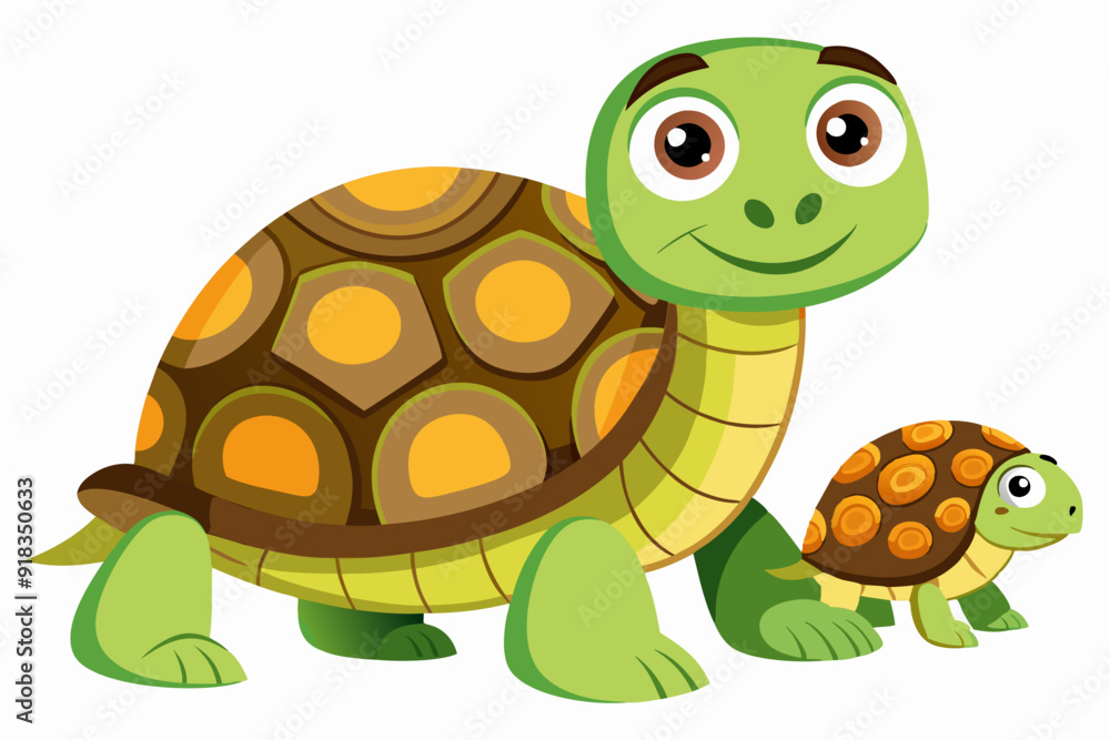 Obraz premium Cartoon Illustration of a Mother Turtle and Her Baby
