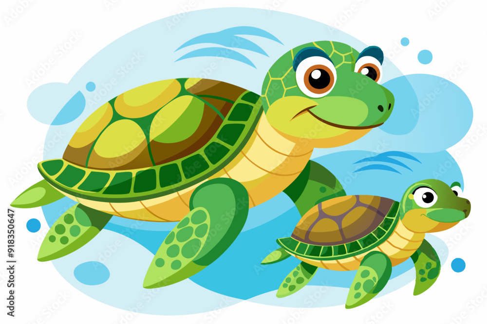 Fototapeta premium A Mother Sea Turtle and Her Baby Swimming in the Ocean