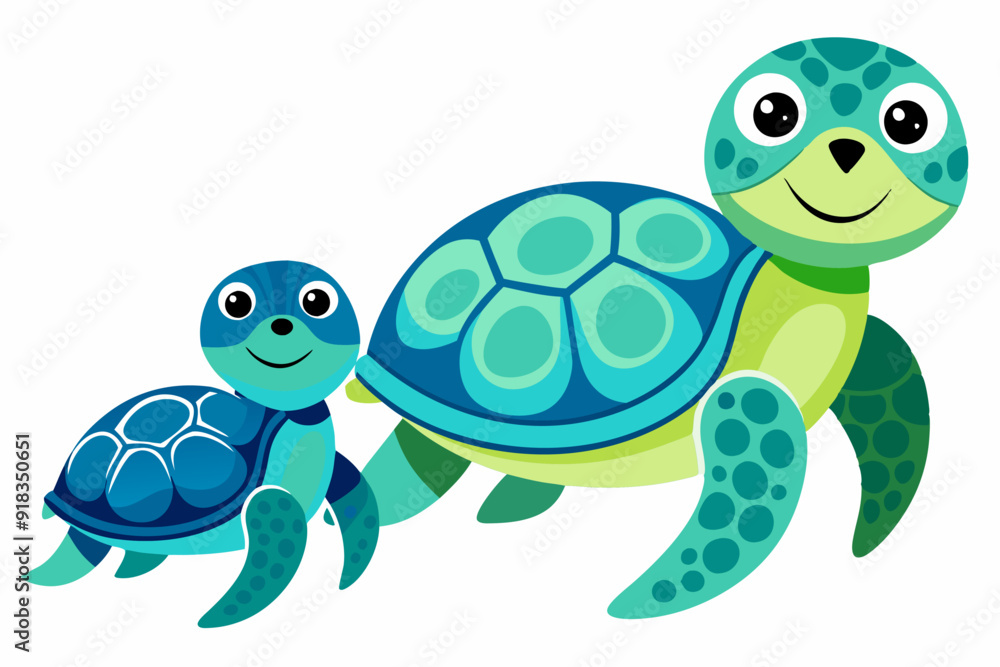 Obraz premium Cartoon illustration of a mother sea turtle and her baby