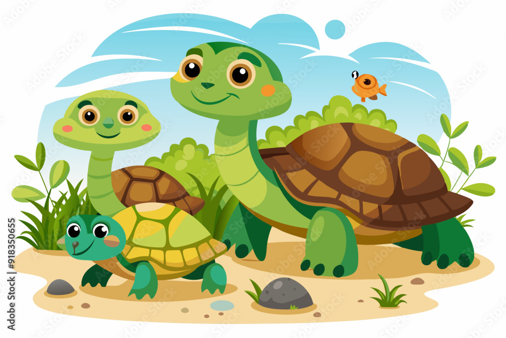 Obraz premium Three Cartoon Turtles in a Green and Blue Landscape