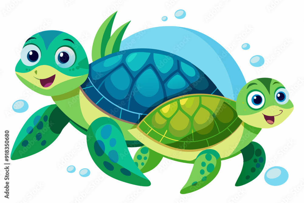 Fototapeta premium Two Cartoon Sea Turtles Swimming with Bubbles