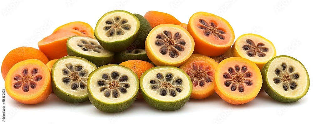 Halved Exotic Fruits with Seeds Illustration Halved Exotic Fruits with Seeds Illustration