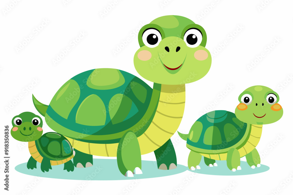 Obraz premium A Family of Three Cartoon Turtles with Big Smiles