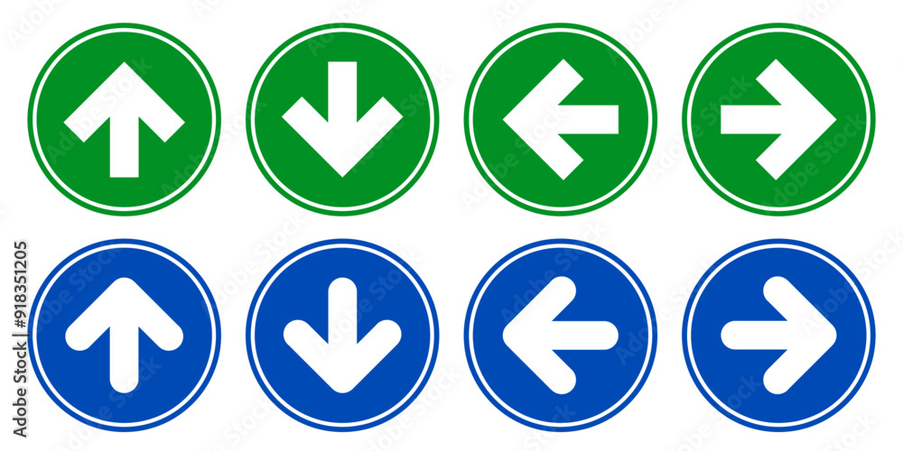 Set of circle green and blue direction arrow sign