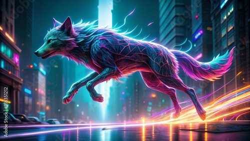 Neon Dreams: A Digital Wolf's Glowing Trail Generative AI