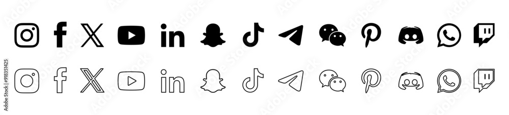 Social media icons set in filled and linear style. Instagram, Facebook ...