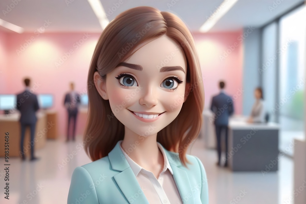 Fototapeta premium Smiling cartoon businesswoman in an office setting.
