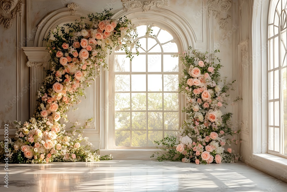 Background wedding luxurious white room with flowers and sunshine through the windown generate AI Background wedding luxurious white room with flowers and sunshine through the windown generate AI