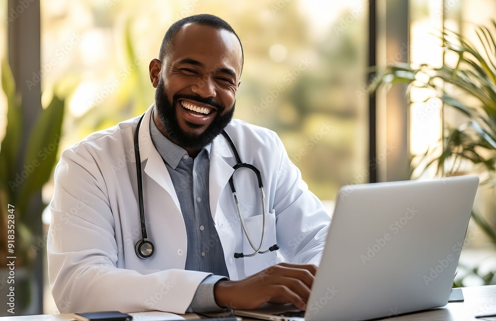 A smiling doctor sitting at a desk with a laptop computer A smiling doctor sitting at a desk with a laptop computer