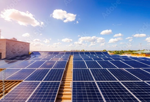 A large solar panel farm with rows of blue solar panels installed on a flat surface, surrounded by a rural landscape with a blue sky and scattered clouds