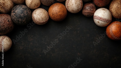 A diverse collection of aged baseballs scattered on a dark surface, encapsulating the spirit of the game and the passage of time in sports for stock imagery. photo