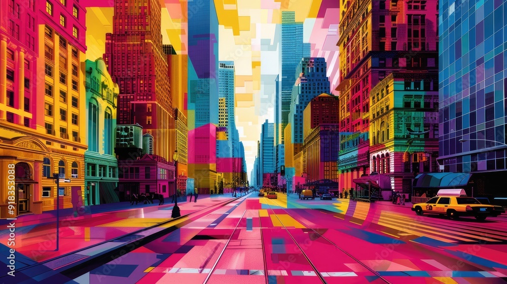 Obraz premium A vibrant, colorful cityscape with tall buildings lining a bustling street. The image is a stylized representation of urban life, with a bright and energetic atmosphere.