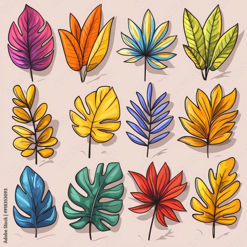 Colorful Hand Drawn Tropical Leaves Set Colorful Hand Drawn Tropical Leaves Set