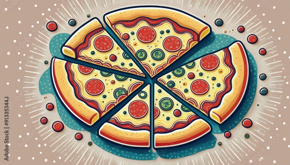 Generative AI illustration of stylized graphic design of pizza slices with abstract geometric elements on a speckled background Generative AI illustration of stylized graphic design of pizza slices with abstract geometric elements on a speckled background