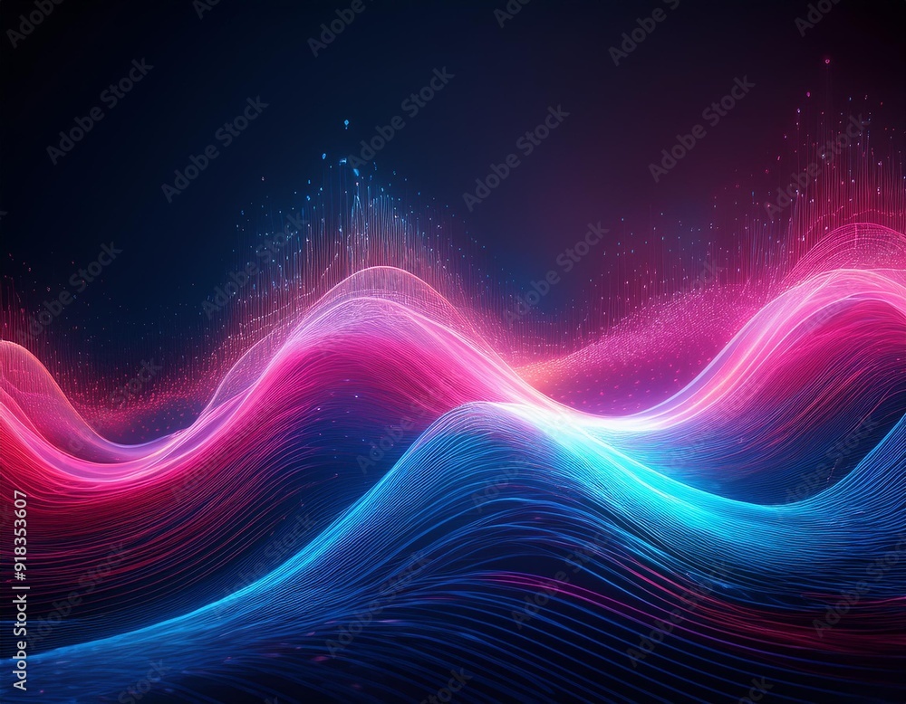 Generative AI image of abstract illustration of pink blue frequency signal waves as particles passing in medium against dark background Generative AI image of abstract illustration of pink blue frequency signal waves as particles passing in medium against dark background