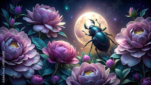 Dark Floral Wallpaper with a Beetle Amidst Peonies  AI generated photo