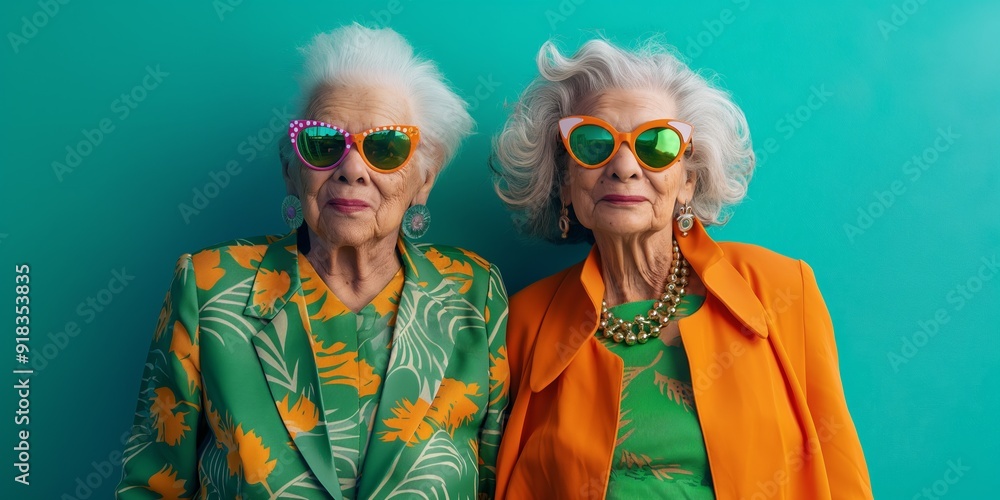 Two women wearing sunglasses and orange jackets. One of them is wearing a necklace. Scene is lighthearted and fun Two women wearing sunglasses and orange jackets. One of them is wearing a necklace. Scene is lighthearted and fun