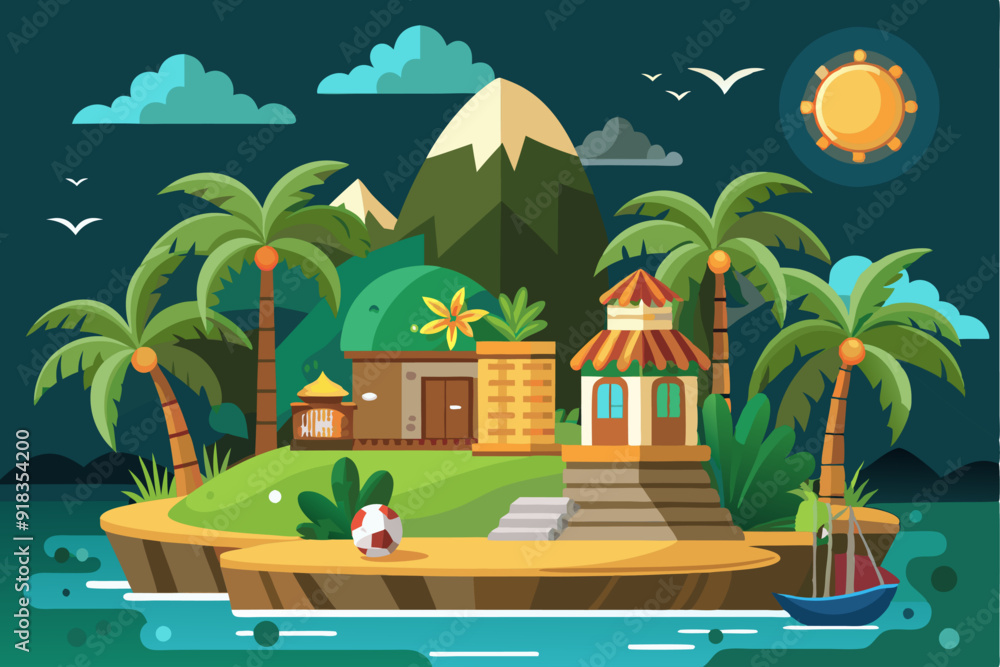Obraz premium Tropical Island with House, Palm Trees, and a Mountain