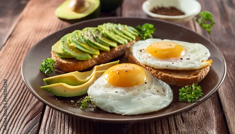 Healthy breakfast with fried eggs and avocado Healthy breakfast with fried eggs and avocado