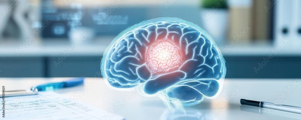 Brain with highlighted stroke area and diagnostic tools like MRI scans ...