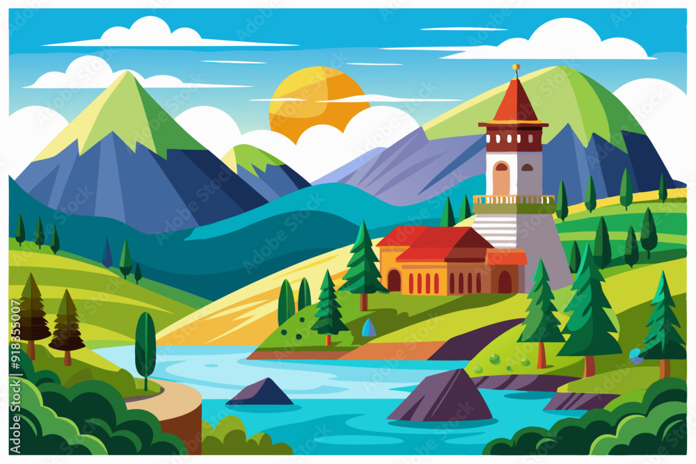 Fototapeta premium Picturesque Landscape with a Towering Castle and a Winding River