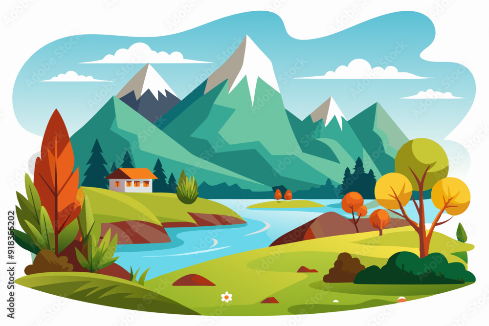 Obraz premium Mountain Landscape with House, River, and Trees