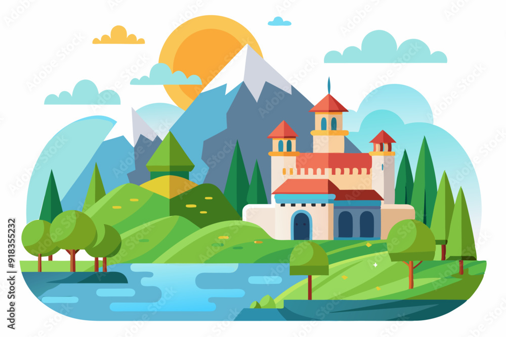 A fairytale castle nestled in a picturesque mountain valley with a river and trees A fairytale castle nestled in a picturesque mountain valley with a river and trees