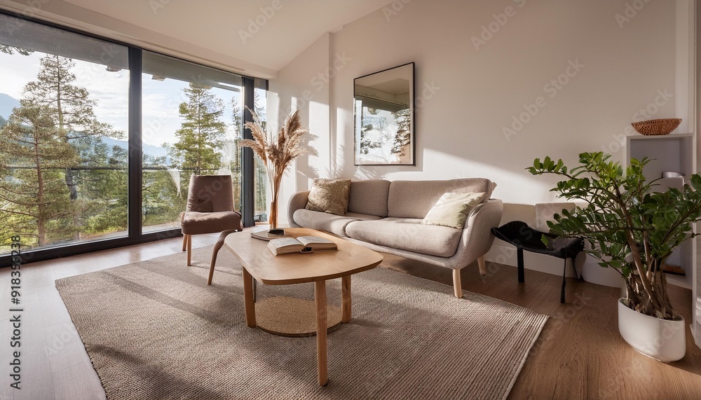 Fototapeta premium Living room with furniture and large window