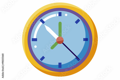 A round yellow clock with blue face, white hour hand, green minute hand, and black second hand