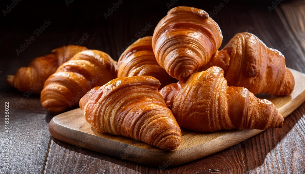 Mix of golden croissants on wood Mix of golden croissants on wood