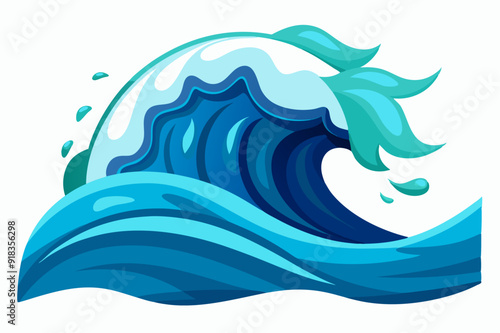 Cartoon Illustration of a Blue Ocean Wave with White Foam Crest and Turquoise Splash