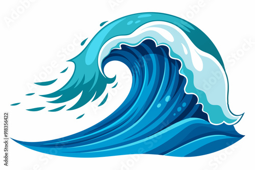 A Cartoon Illustration of a Blue Ocean Wave Breaking