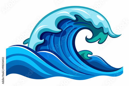 A Stylized Blue Ocean Wave with White Foam and Teal Accents