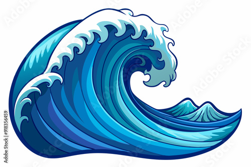 Blue and white stylized wave breaking over small islands