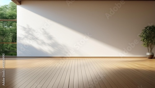 Mock-up of white empty room and wood laminate floor with sun light cast the shadow on the wall,Perspective of minimal inteior design on nature background. 3D rendering photo