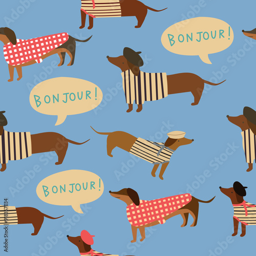 Seamless pattern with dachshunds in berets on blue background. 