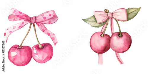 Set of watercolor cherry and pink bow isolated on transparent background