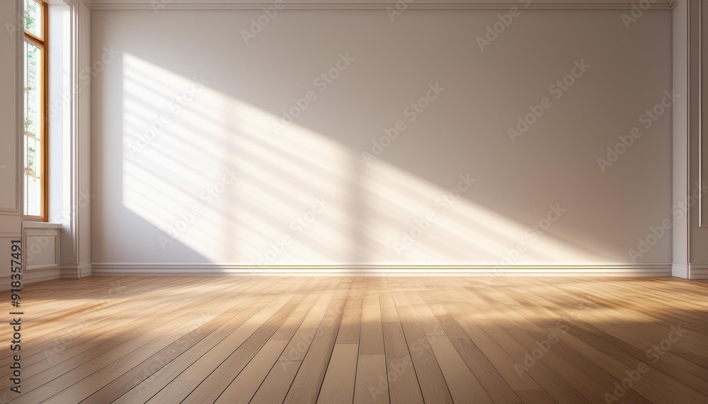 Perspective of the sun light cast the shadow on white empty room and bright laminate wood floor,classic interior style.blank space architecture.3d rendering Perspective of the sun light cast the shadow on white empty room and bright laminate wood floor,classic interior style.blank space architecture.3d rendering
