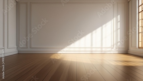 Perspective of the sun light cast the shadow on white empty room and bright laminate wood floor,classic interior style.blank space architecture.3d rendering