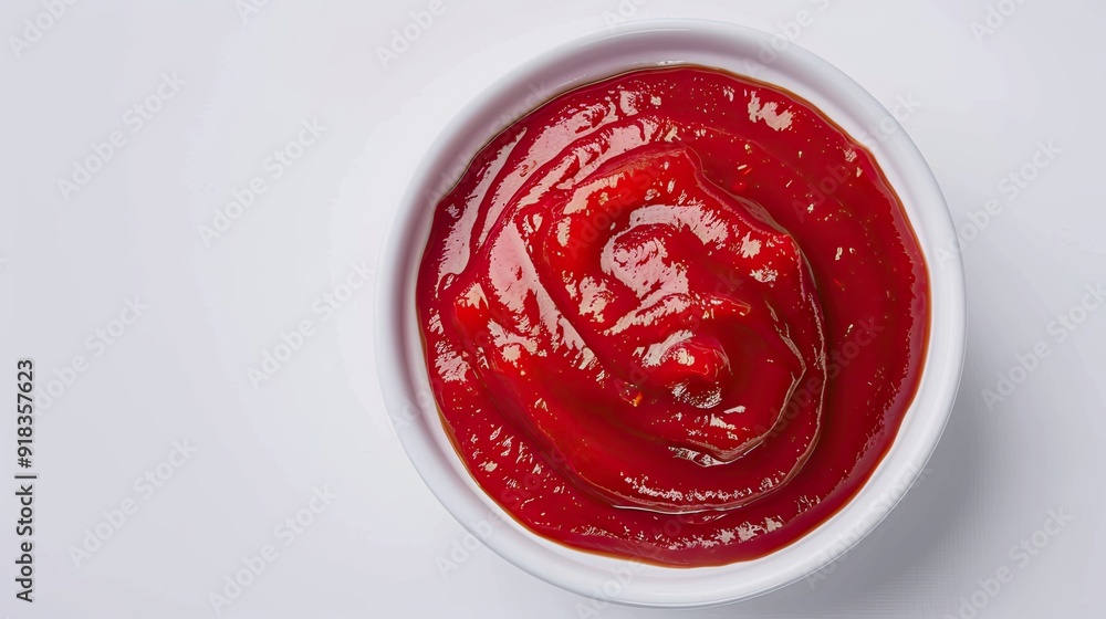 Almost full bowl of red tomato ketchup standing on a white background. Homemade sauce. A condiment for side dishes. Illustration for poster, cover, brochure, advertising, marketing or presentation. Almost full bowl of red tomato ketchup standing on a white background. Homemade sauce. A condiment for side dishes. Illustration for poster, cover, brochure, advertising, marketing or presentation.