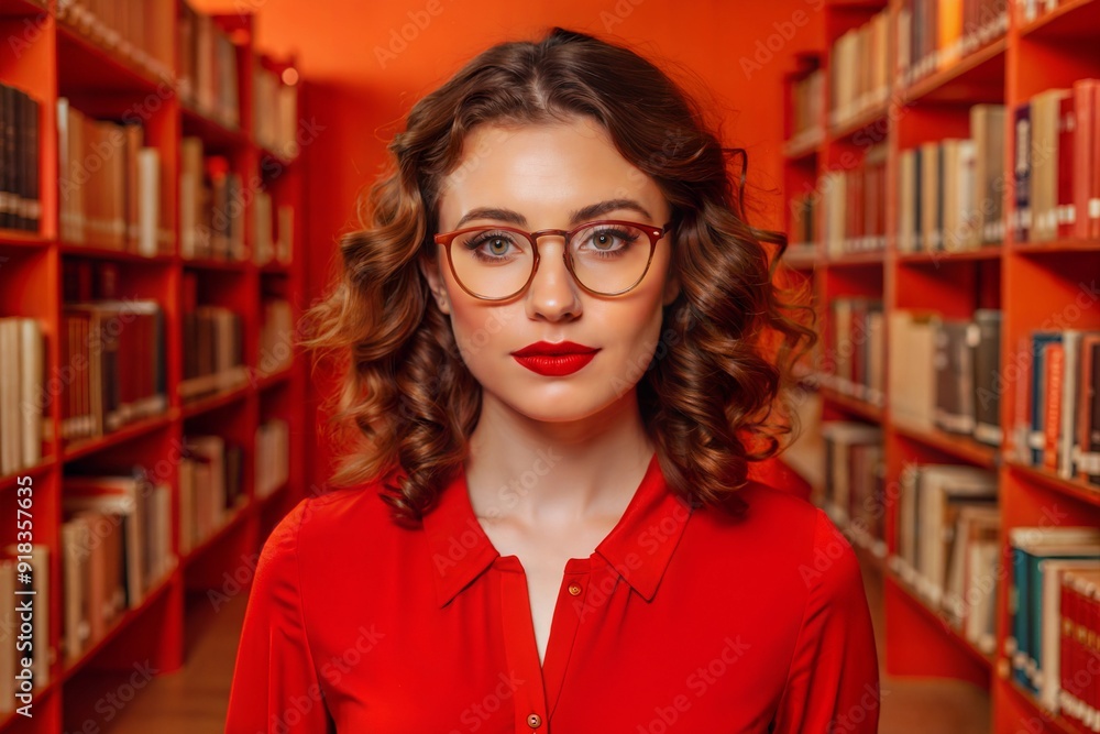 the girl in the library with the glasses on the red background. the girl in the library with the glasses on the red background.