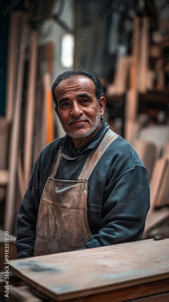 A man in an apron sitting at a table in a workshop A man in an apron sitting at a table in a workshop