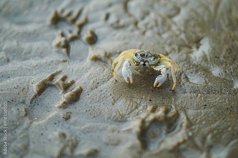 Coastal environment.Macro coastal fauna.Marine life.Underwater habitat.A detailed macro shot of a tiny crab scuttling across wet sand, leaving tiny footprints behind