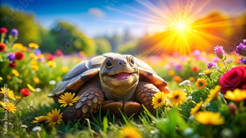 A cheerful turtle basking in the warmth of the sun, surrounded by vibrant wildflowers.  Generative AI photo